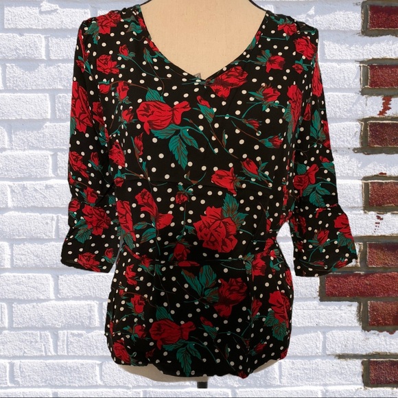 ❌DONATED❌Black Floral Polka Dot Print Tie Waist Top - Picture 3 of 9